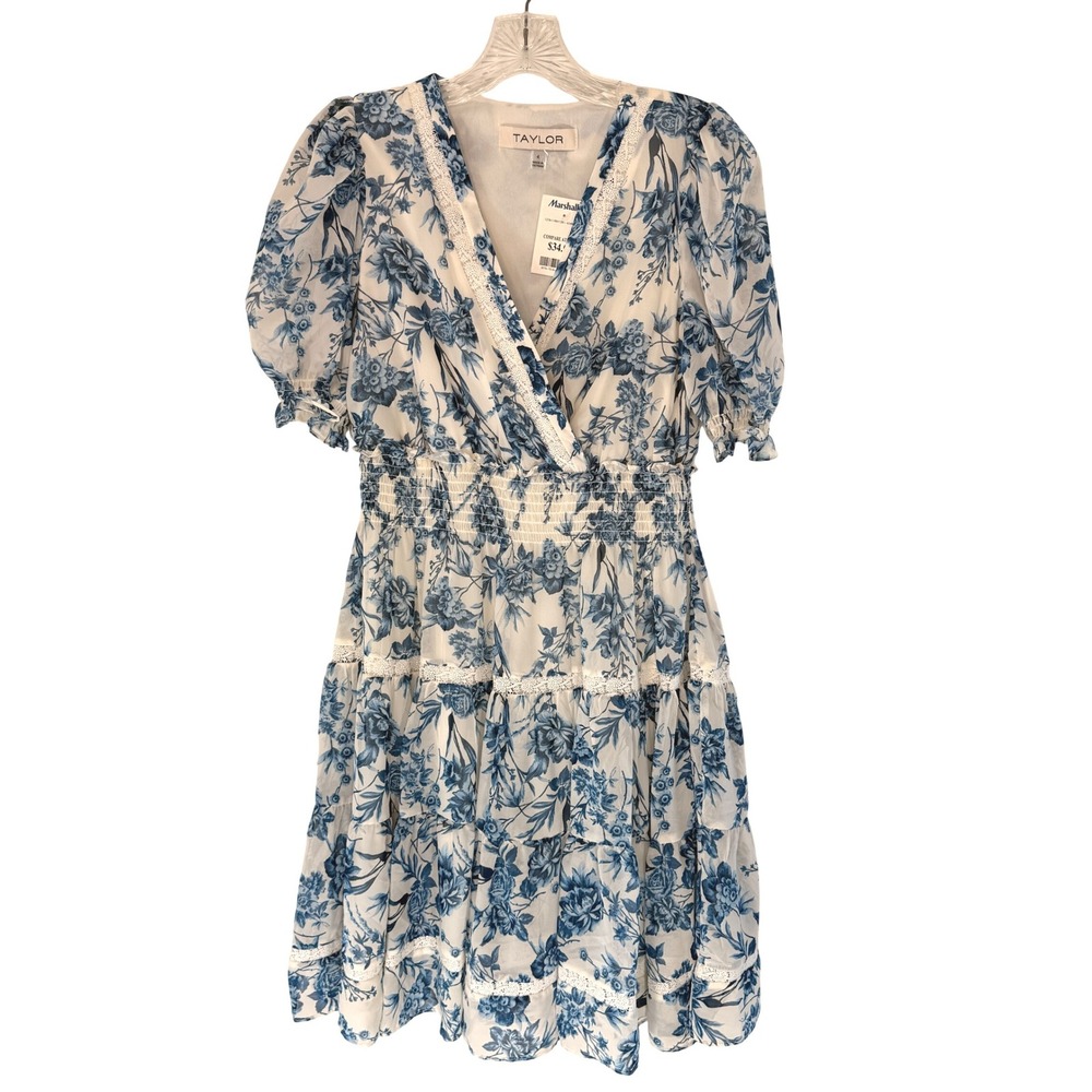 Taylor Mini Dress Women's Blue White Floral Whimsical Elegant Classy Size 4